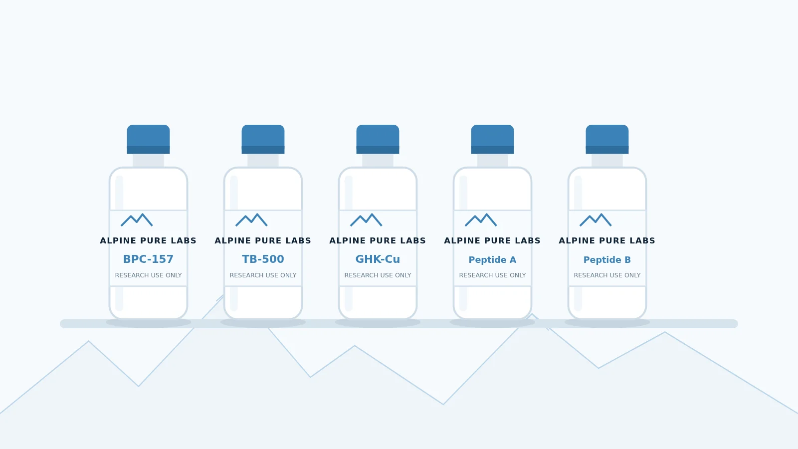 Row of white Alpine Pure Labs research vials with blue caps on a lab shelf
